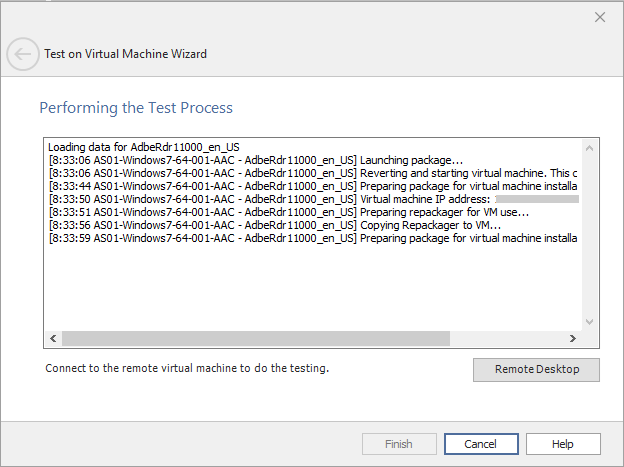 Performing the Test Process Panel / Test on Virtual Machine Wizard